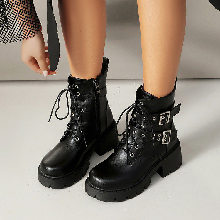 外贸皮靴圆头厚底粗跟高跟短靴女系带马丁靴机车靴秋冬大码鞋 JYX