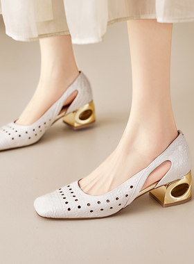 镂空粗跟夏季中跟透气包头凉鞋女米白色姜黄色浅蓝色真皮女鞋RJBM