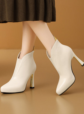 春秋皮靴弹力瘦瘦靴尖头细跟高跟短靴女米白色靴子全皮真皮靴XZJ