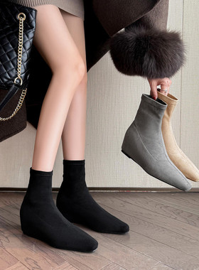 内增高中跟短筒女瘦瘦靴女小方头短靴弹力绒面杏色灰色靴子大码LB