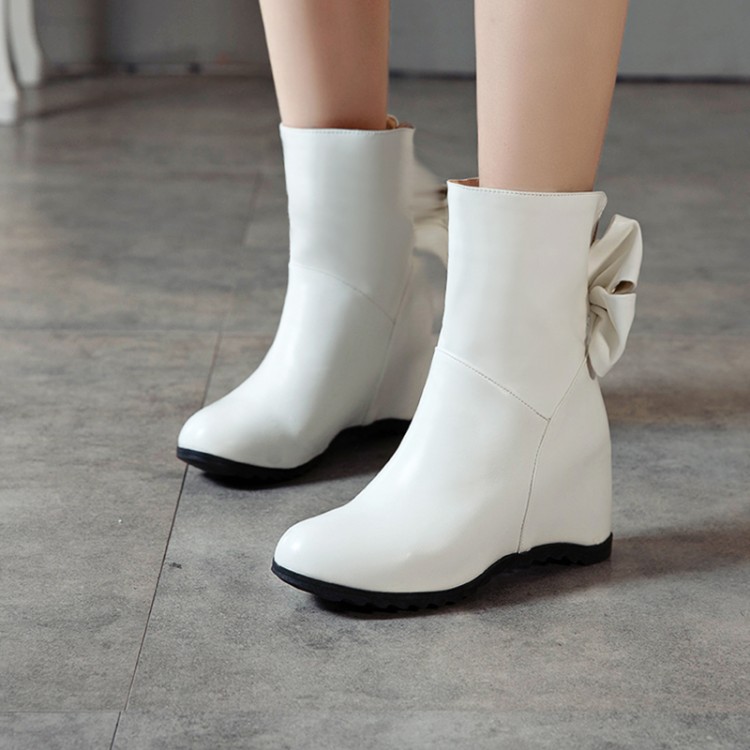 秋冬鞋女白色靴子蝴蝶结内增高女鞋高跟短靴大码靴女小码女靴 pgy