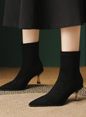 秋冬鞋尖头细跟高跟短靴女弹力瘦瘦靴磨砂绒面优雅淑女短筒 SLLK