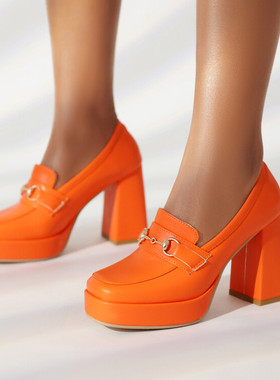 春秋厚底防水台方头粗跟高跟单鞋女米白色桔色橙色橘色大码鞋 HC