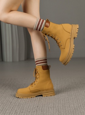 小皮靴姜黄色粉红色圆头系带厚底马丁靴女英伦风骑士靴大码鞋 AX