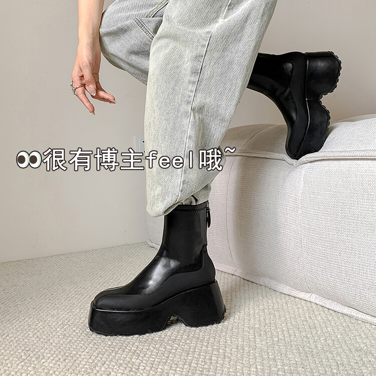 7厘米跟方头松糕厚底高跟短靴女增高鞋弹力瘦瘦靴秋冬季皮靴 DLF