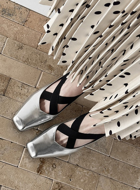 春秋皮鞋时尚方头粗跟中跟单鞋女银色豹纹色法式全皮真皮女鞋 JQQ