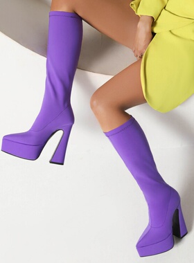 玫红色宝蓝色紫色靴子婚鞋尖头高跟高筒靴女弹力布瘦瘦靴大码 HC