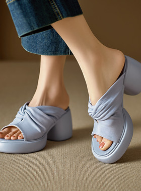 夏季舒适增高厚底粗跟高跟拖鞋女棕色浅蓝色软皮全皮真皮凉拖 NMX