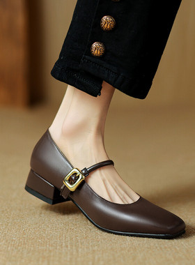 春秋鞋百搭公主鞋方头青年粗跟鞋子女鞋子女浅口单鞋MY