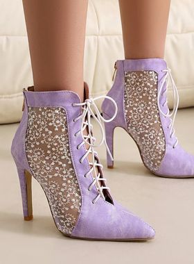 10厘米跟镂空网靴春秋夏靴凉靴白色紫色靴子细高跟短靴女大码鞋XH