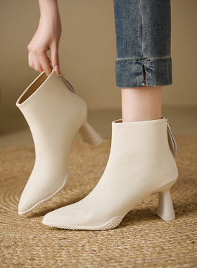 职业秋冬季皮靴短筒尖头粗跟高跟短靴女灰色米白色靴子真皮女靴XJ