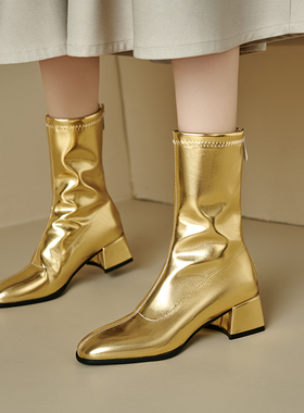 粗跟中跟短靴女短筒皮靴白色金色银色靴子走秀舞台表演大码鞋PCSA