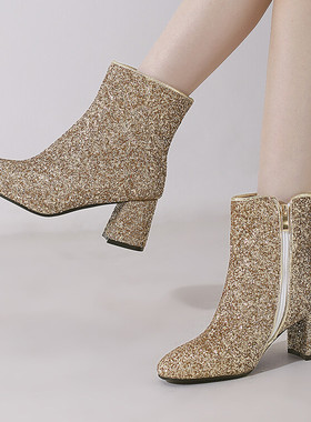 欧美粗跟高跟短筒女亮片闪亮金色银色蓝色红色靴子婚鞋大码鞋 JSS