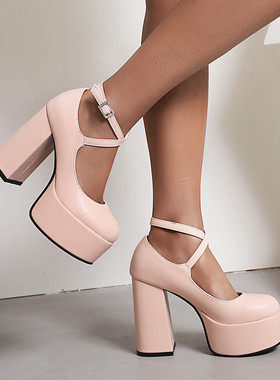 外贸圆头粗跟超高跟单鞋女白色浅蓝色粉红色黄色大码小码女鞋 CHD