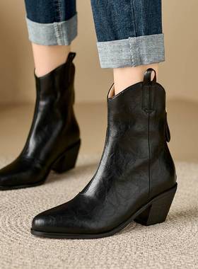 欧美外贸秋冬季皮靴短筒鞋粗跟高跟短靴女棕色西部靴大码女靴PCSA