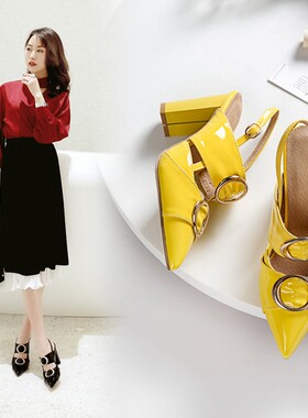 缺码断码包头漆皮亮皮粗跟高跟尖头黄色女鞋凉鞋女小码鞋 KST