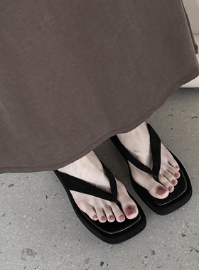 棕色松糕厚底凉拖夏季凉鞋外穿舒适沙滩夹趾人字拖真皮拖鞋女 JQQ