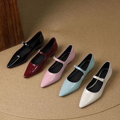 小皮鞋尖头低跟玛丽珍鞋嫩粉色浅蓝色米白色安哥拉红真皮女鞋EXY
