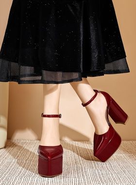 尖头粗跟超高跟单鞋女防水台增高鞋漆皮亮皮白色酒红色真皮鞋 GYL