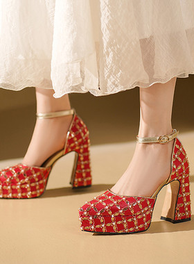 性感浅口单鞋女春秋红色粗跟超高跟新娘婚鞋防水台尖头包头鞋 GYL