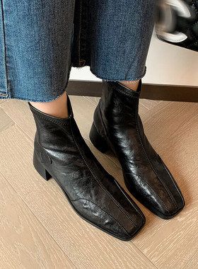 5厘米跟秋冬季皮靴方头粗跟中跟短靴女弹力靴袜靴棕色靴子软皮NMA