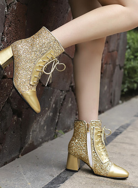 欧美外贸粗跟高跟短靴女系带亮片金色银色红色靴子婚鞋大码鞋 JSS