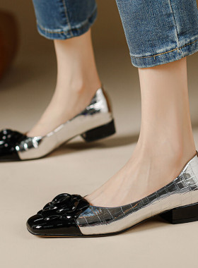 春秋皮鞋方头低跟浅口单鞋女金色银色鞋子拼色花朵全皮真皮鞋RJBM