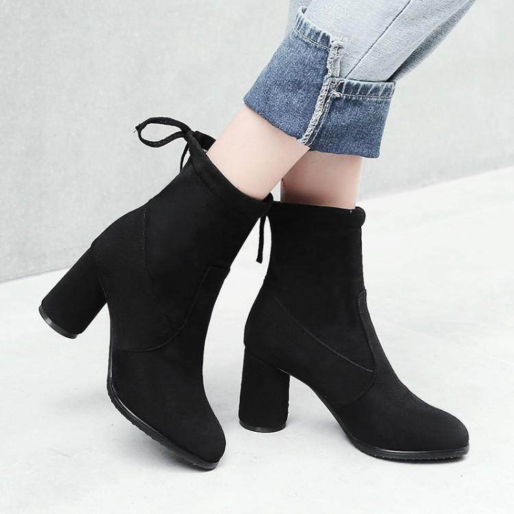 缺码处理  特价 绒面弹力女靴蓝色靴子弹力高跟短靴蓝色女靴  jq