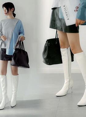 红色白色靴子女漆皮亮皮细跟高跟高筒尖头女鞋大码小码女靴 ASCP