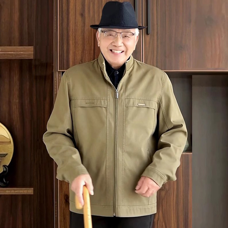 春秋季中老年立领薄款纯棉夹克秋冬加绒保暖夹克衫男士爷爷爸爸装