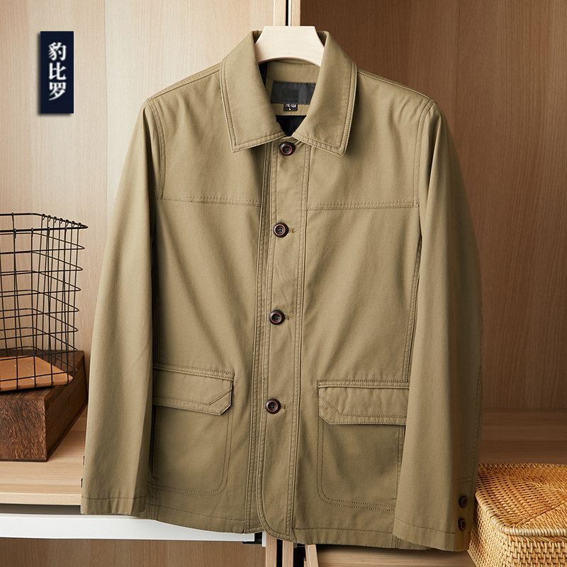 爸爸装纯棉夹克男士翻领扣子外套休闲男装爷爷棉夹克衫宽松6070岁