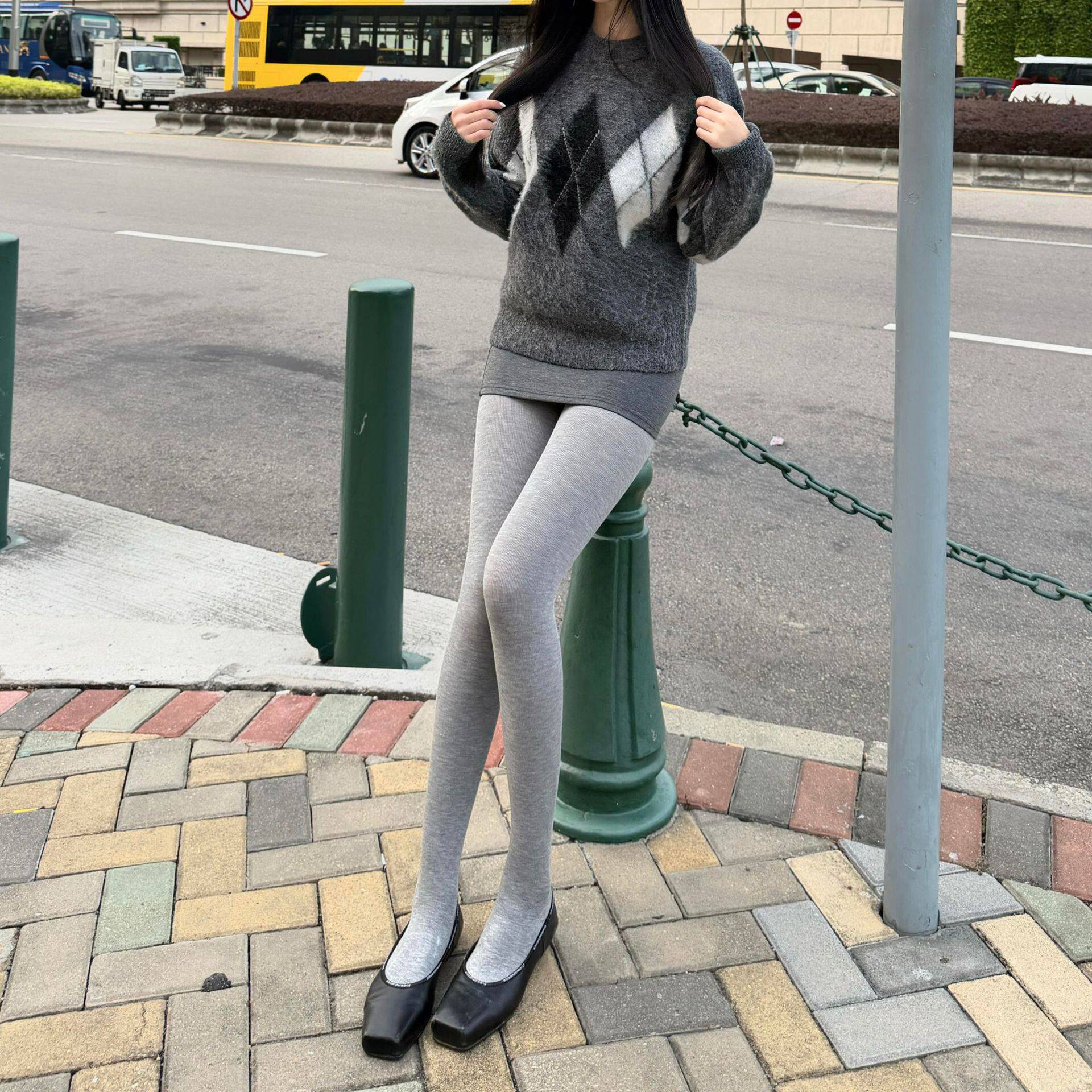 微透miu系灰色竖纹连裤袜外穿棉质显瘦打底袜哑光针织微压打底裤