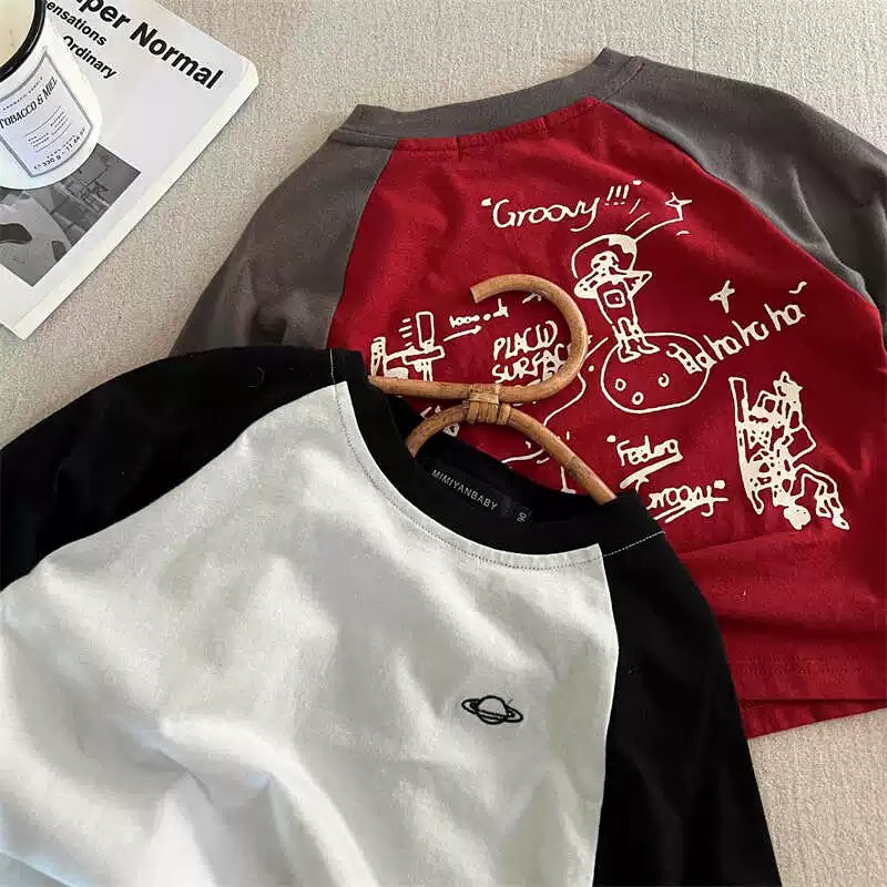 纯棉儿童长袖T2024秋季新品男女童撞色卡通长袖T宝宝拼接打底衫潮