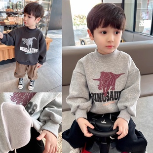 秋冬季 2024新款 儿童加绒上衣 冬季 男童卫衣一体绒半高领保暖打底衫
