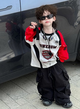 男童时尚机车风拼色印花长袖纯棉T2025秋季新款中小童酷帅上衣