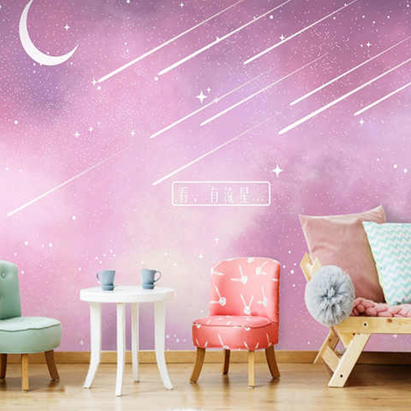 北欧艺术粉色星空梦幻壁纸儿童房公主房墙纸壁画网红主播背景墙布