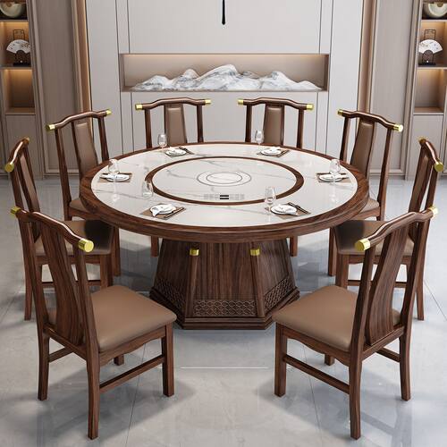 新中式乌金木岩板圆餐桌带暖菜板