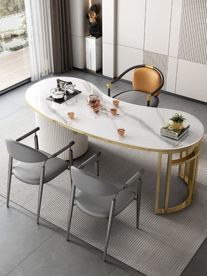 新品现代简约圆形岩板茶台桌轻奢茶桌椅组合一桌五椅茶几烧水壶一