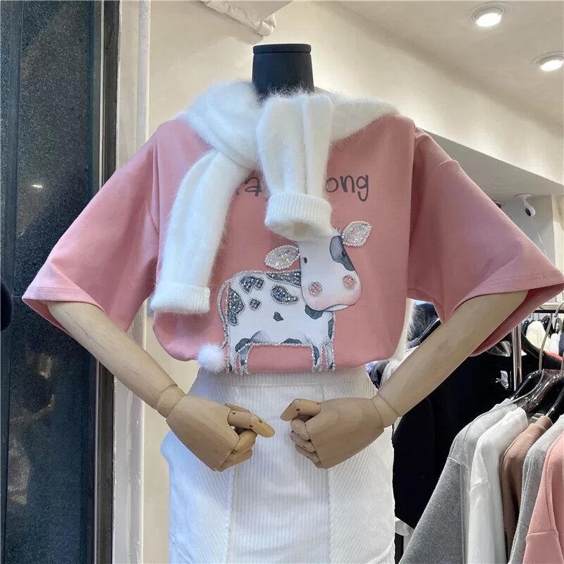 韓版新款寬鬆洋氣重工釘珠亮片奶牛燙鑽短袖恤上衣原版