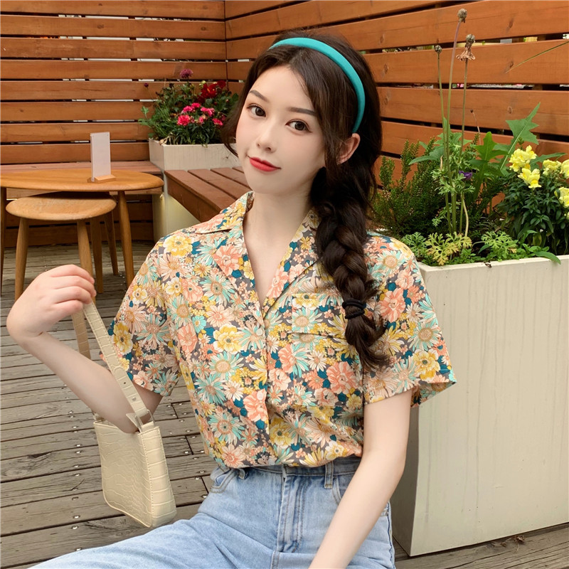 Real photo of small fresh floral short sleeve shirt female Korean version of Mori girls' loose top