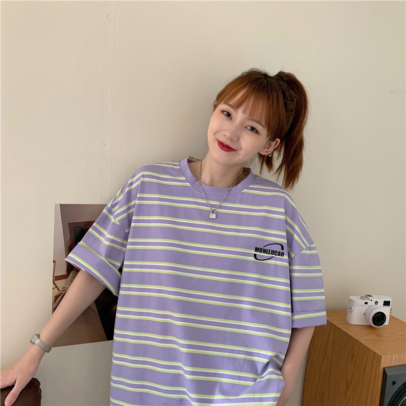 Striped fashion brand loose round neck short sleeve T-shirt boys' new summer quarter sleeve top