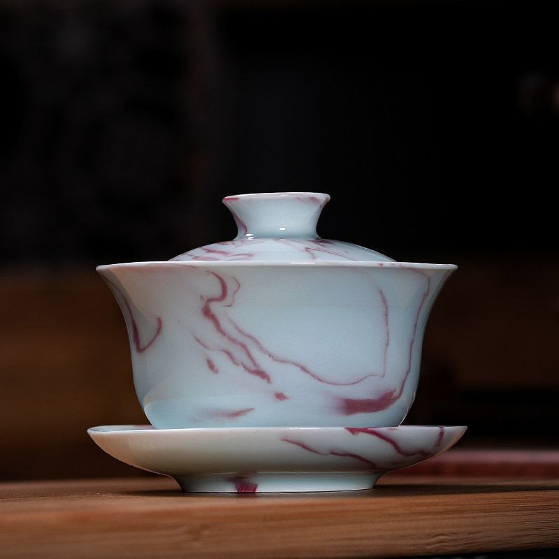 青瓷三才盖碗龙泉手工绞胎茶碗陶瓷功夫茶具大号泡茶茶杯单个中式
