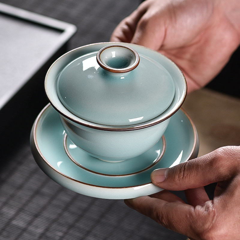 青瓷三才盖碗手工紫口茶碗陶瓷功夫茶具茶桌泡茶碗家用大号礼盒装