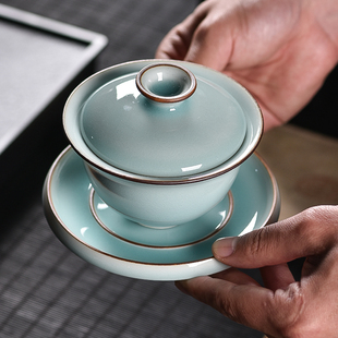 青瓷三才盖碗手工紫口茶碗陶瓷功夫茶具茶桌泡茶碗家用大号礼盒装