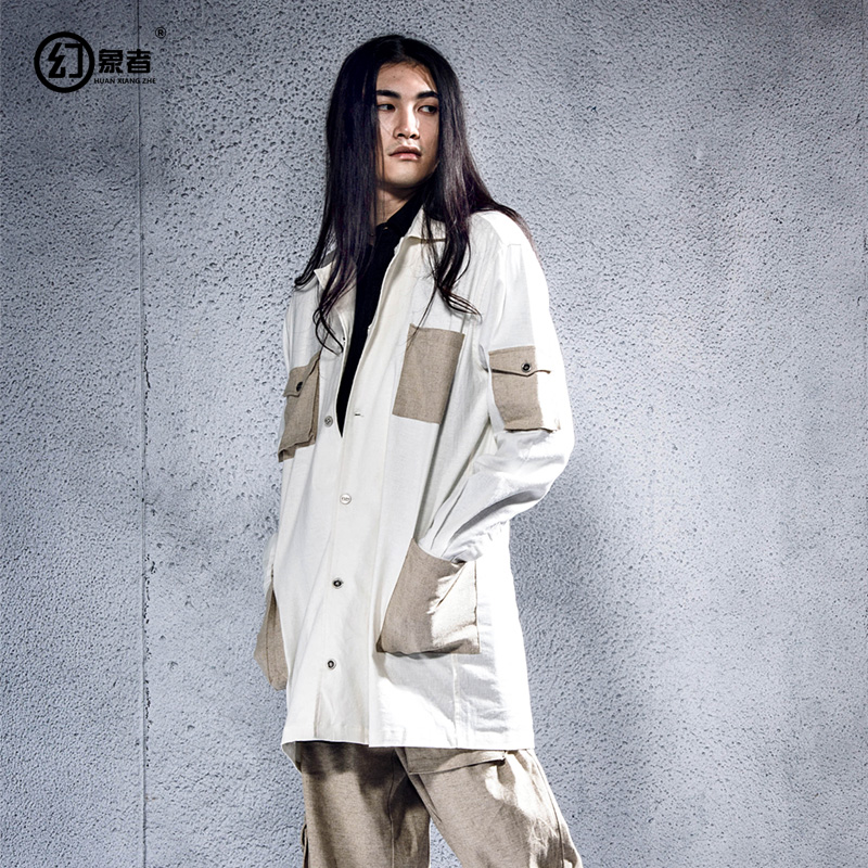 原创设计个性民族风皱折压皱男士宽松加大亚麻袋拼接尖领衬衫国潮