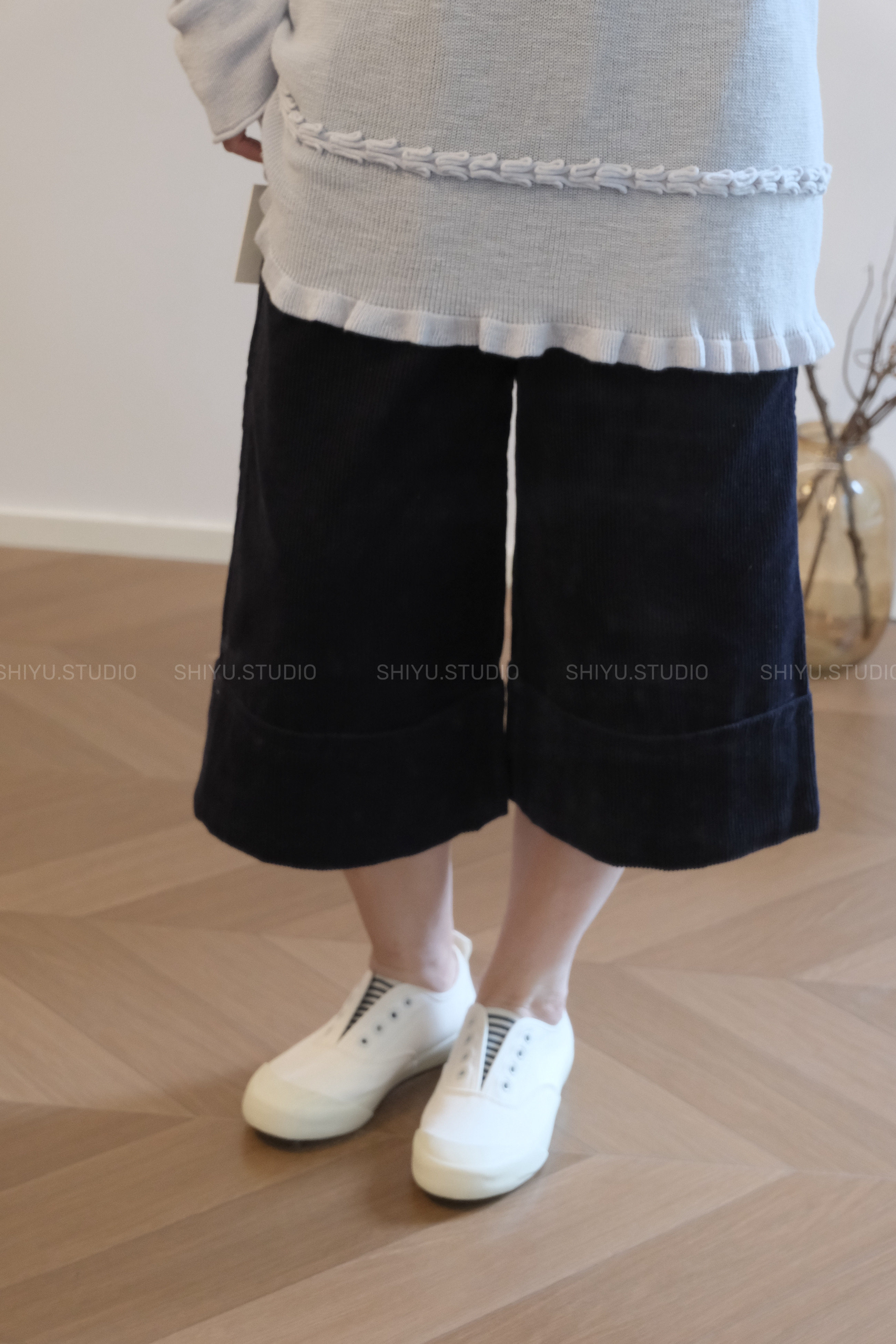 “复古腔调”100%棉 粗坑灯芯绒宽松阔腿撞色打枣八分裤休闲裤