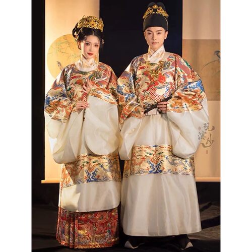 【出租】汉服婚服砚滨纱金玉良缘明制白色圆领袍男女花嫁款