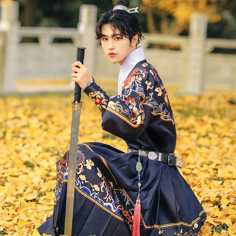 出租【流烟昔冷】御风 箭袖藏蓝色飞鱼服伴郎服汉婚婚礼