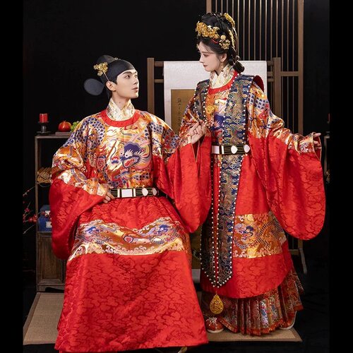 【出租】砚滨纱明制高精密仿妆花圆领袍中式汉服婚服-满金龙汉婚