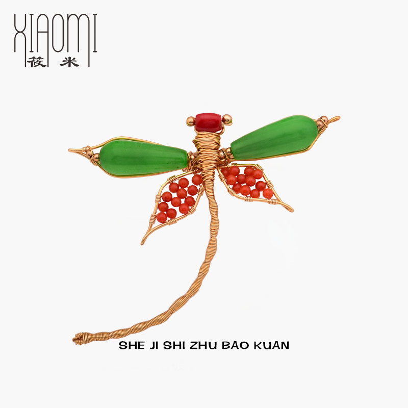 东方美学红绿蜻蜓胸针天然玉髓玛瑙旗袍胸花新中式古典西装配饰女